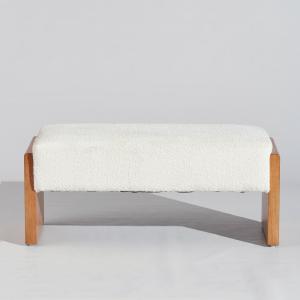 Banc en bois d'hévéa et textile écru