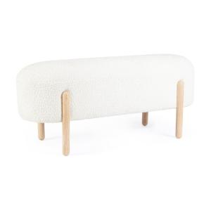 Banc en tissu bouclé blanc et pieds en bois d'hévéa