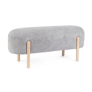 Banc en tissu bouclé gris clair, pieds en bois d'hévéa