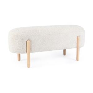 Banc en tissu bouclé naturel et pieds en bois d'hévéa