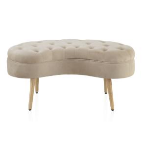 Banc tapissé en tissu velouté beige avec pieds en bois