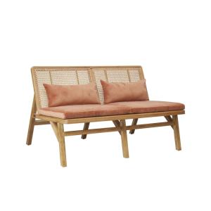 Banquette 2 places en chêne, cannage et velours caramel