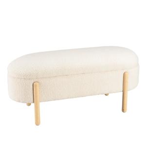 Banquette tissu bouclette écru avec rangement et pieds bois