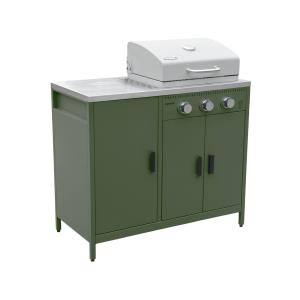 Barbecue gaz 3 brûleurs, vert, 3 portes, rangements