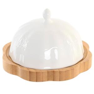Beurrier rond en porcelaine blanche et bambou 17.5x17.5x10cm