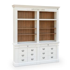 Bibiothèque apothicaire patine antiquaire satinée blanc