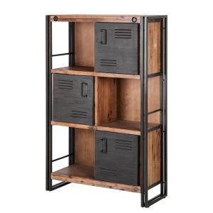 Bibliothèque 3 étagères 3 portes bois d'acacia et métal