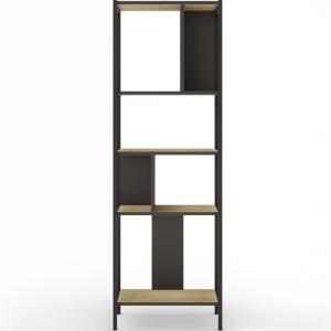 Bibliothèque 4 niveaux en métal noir et effet chêne 58 cm