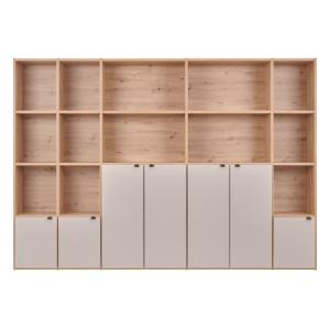 Bibliothèque 7 portes effet bois clair et blanc