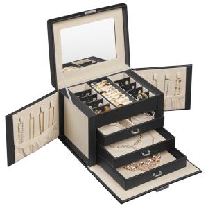 Boîte à bijoux 4 niveaux 3 tiroirs miroir serrure noir  bei…