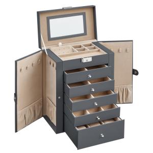 Boîte à bijoux 6 niveaux 5 tiroirs miroir serrure gris beig…