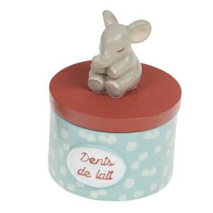 Boîte à dents bleu et marron éléphanteau gris