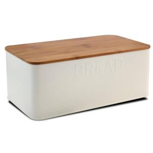 Boîte à pain en métal blanc et couvercle bambou