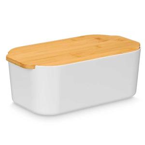 Boîte à pain en plastique blanc et bambou 18.5x33x12cm