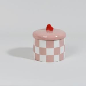 Boîte décorative ronde en porcelaine motif damier rose et b…