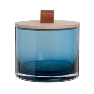 Boite décorative ronde en verre bleu et bois de pin