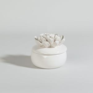 Boîte décorative ronde et fleur en faïence écrue