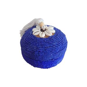 Boîte en bambou et perles, bleu 10x10 cm