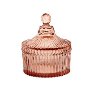 Bonbonnière en verre strié rose cuivré H11