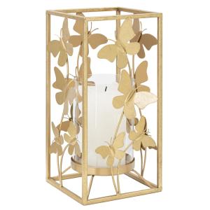 Bougeoir en métal doré avec papillons 14x14x29 cm