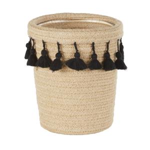 Bougie en verre et fibre végétale avec pompons noirs