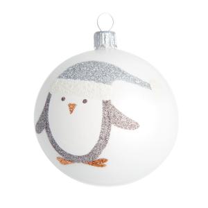 Boule de Noël blanche imprimé pingouin argenté