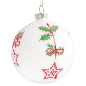 Boule de Noël blanche motifs houx et étoiles