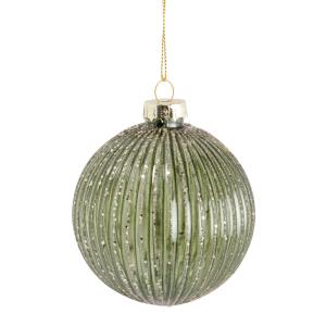 Boule de Noël en verre strié, teinté vert olive et paillett…