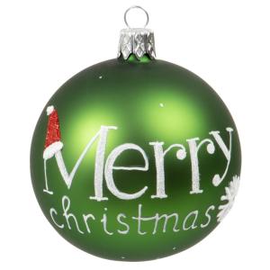 Boule de Noël en verre teinté vert imprimé blanc