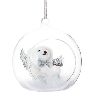 Boule de Noël ouverte en verre et ourson blanc