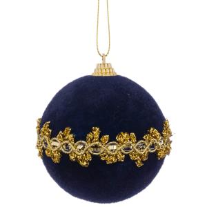 Boule de Noël velours bleu foncé et doré 8cm