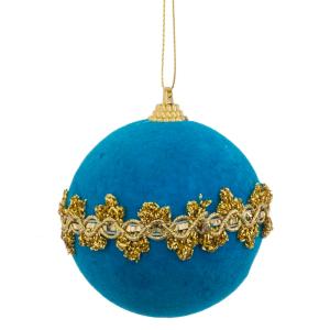 Boule de Noël velours bleu turquoise et doré 8cm