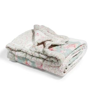 Boutis à fleurs en coton vert et rose 240 x 260 cm CAMÉLIA