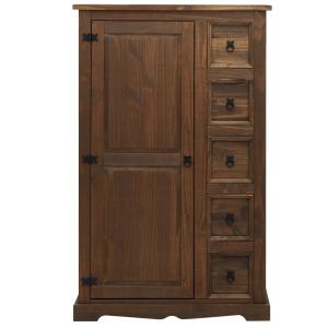 Buffet 1 porte 5 tiroirs en bois massif, brun