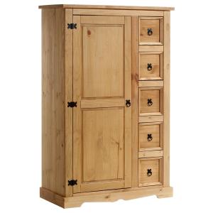 Buffet 1 porte 5 tiroirs en bois massif, coloris naturel