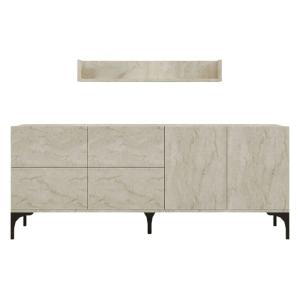 Buffet 180 cm 6 portes décor travertin   étagère murale