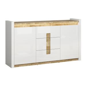 Buffet 2 portes 3 tiroirs avec LED stratifiés blanc et bois