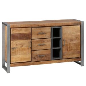 Buffet  2 portes 3 tiroirs bois et acier patiné