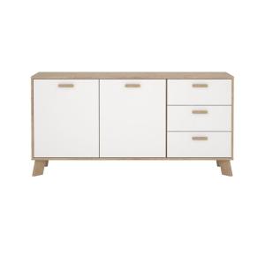 Buffet 2 portes, 3 tiroirs décor chêne et blanc L147,2 cm