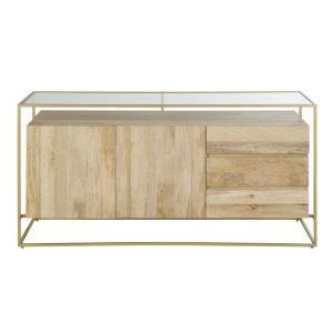 Buffet 2 portes 3 tiroirs en verre et métal coloris laiton