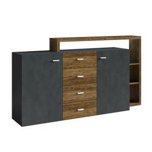Buffet 2 portes 4 tiroirs stratifiés gris et bois