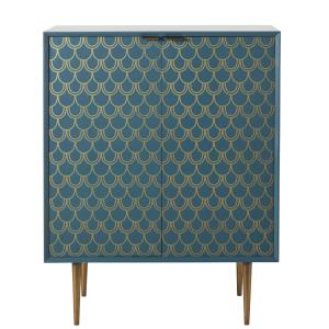 Buffet 2 portes bleu turquoise motifs graphiques dorés L70