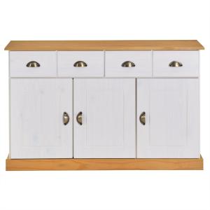 Buffet 2 tiroirs 3 portes en bois massif, blanc/brun