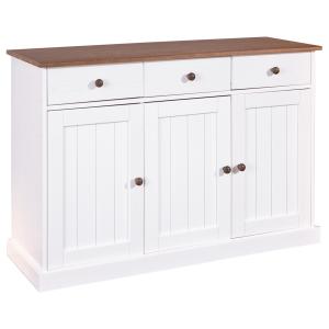 Buffet  3 portes 3 tiroirs bois massif vernis sepia et blanc