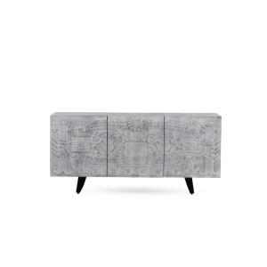 Buffet 3 portes gris en bois massif de manguier