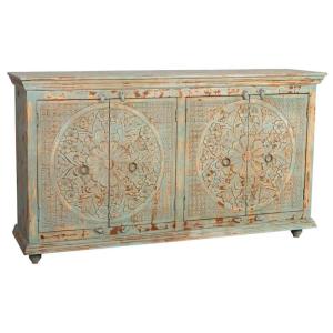 Buffet 4 portes en bois avec finition verte vieillie, 180x4…