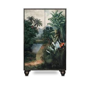 Buffet armoire en MDF imprimé tropical sur fond noir.