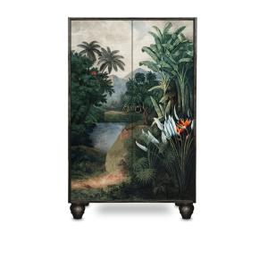 Buffet armoire en pin massif imprimé tropical sur fond noir…