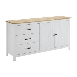 Buffet  bas 2 portes 3 tiroirs bois ciré et blanc