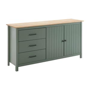 Buffet  bas 2 portes 3 tiroirs bois ciré et vert